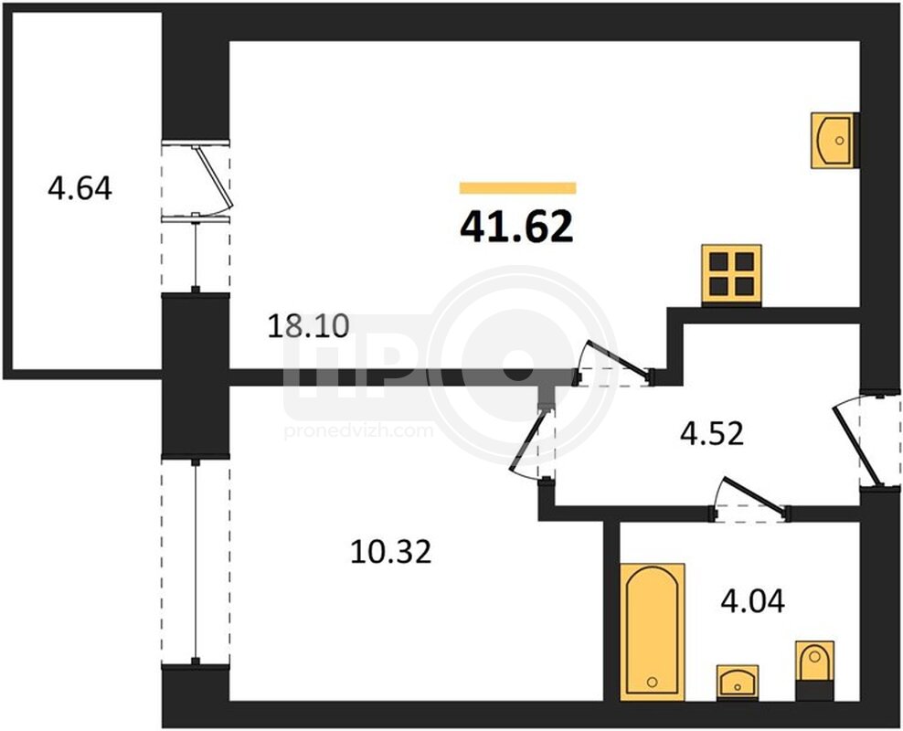 1-комнатная квартира, 41.62кв.м