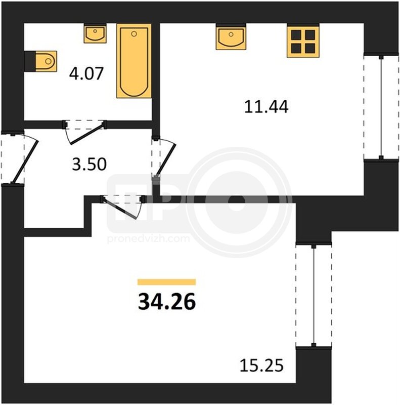 1-комнатная квартира, 34.26кв.м