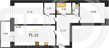 Миниатюра 2-комнатная квартира, 71.12кв.м