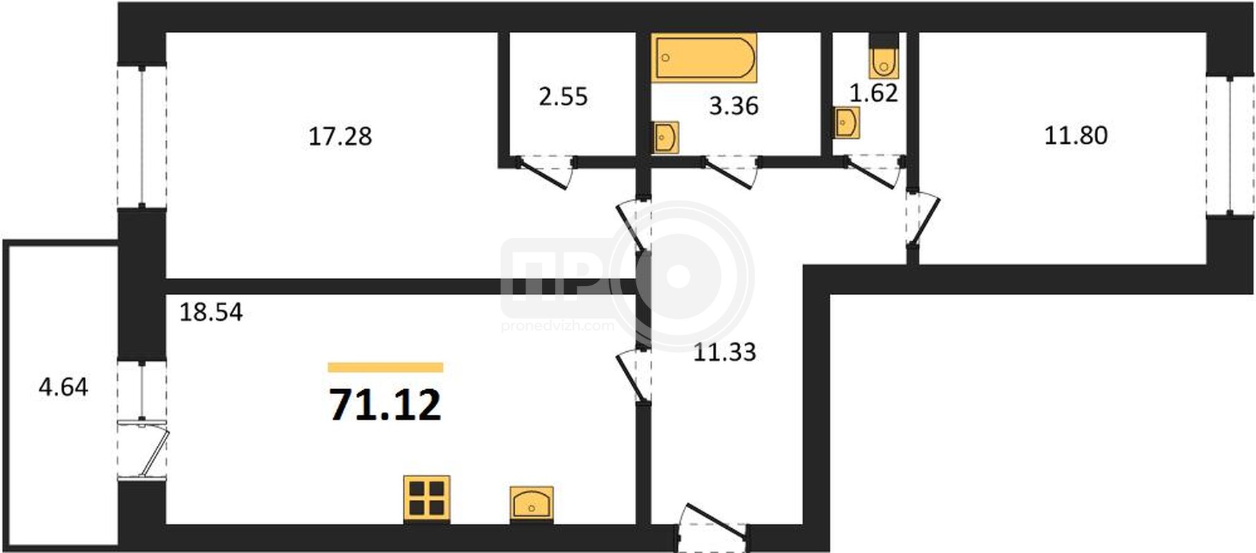 2-комнатная квартира, 71.12кв.м