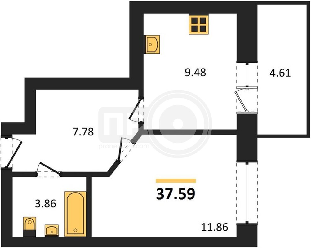 1-комнатная квартира, 37.59кв.м