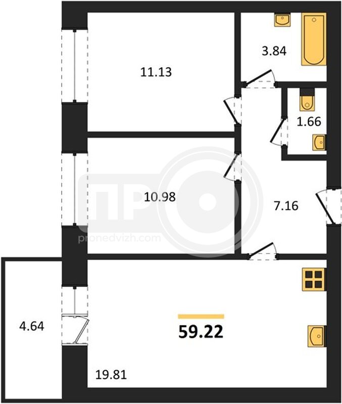2-комнатная квартира, 59.22кв.м