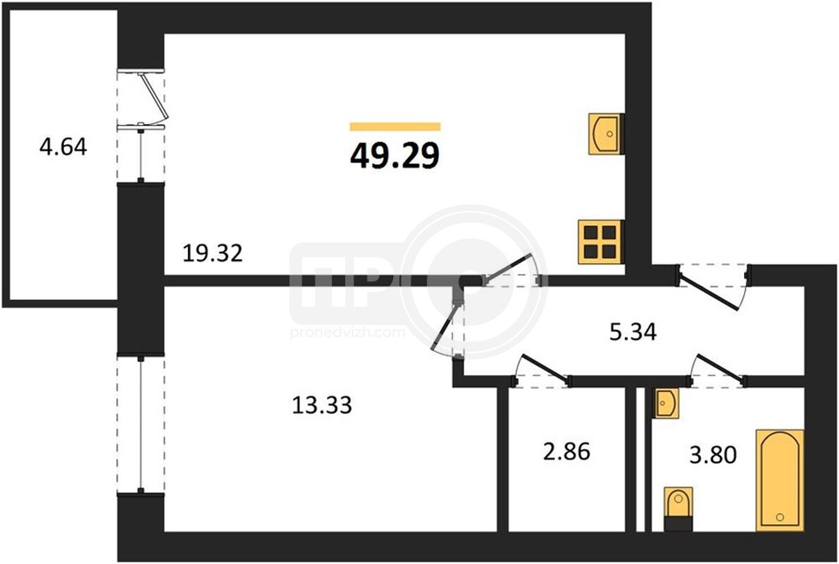 1-комнатная квартира, 49.29кв.м