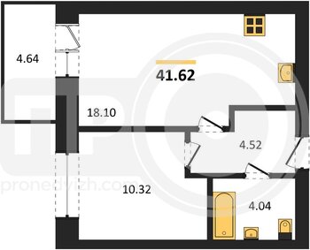 Миниатюра 1-комнатная квартира, 41.62кв.м