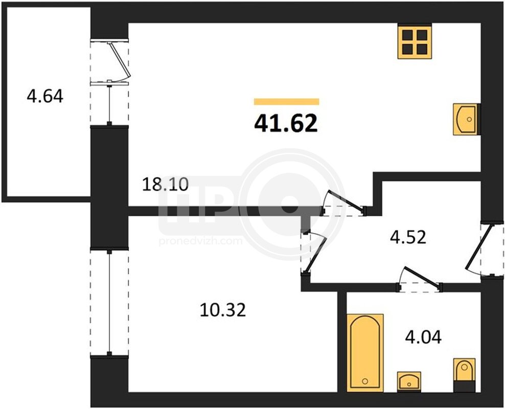 1-комнатная квартира, 41.62кв.м