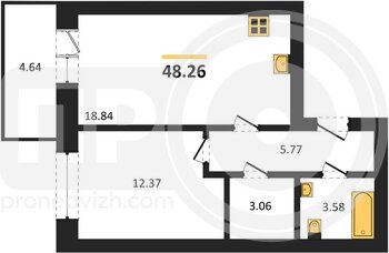 Миниатюра 1-комнатная квартира, 48.26кв.м
