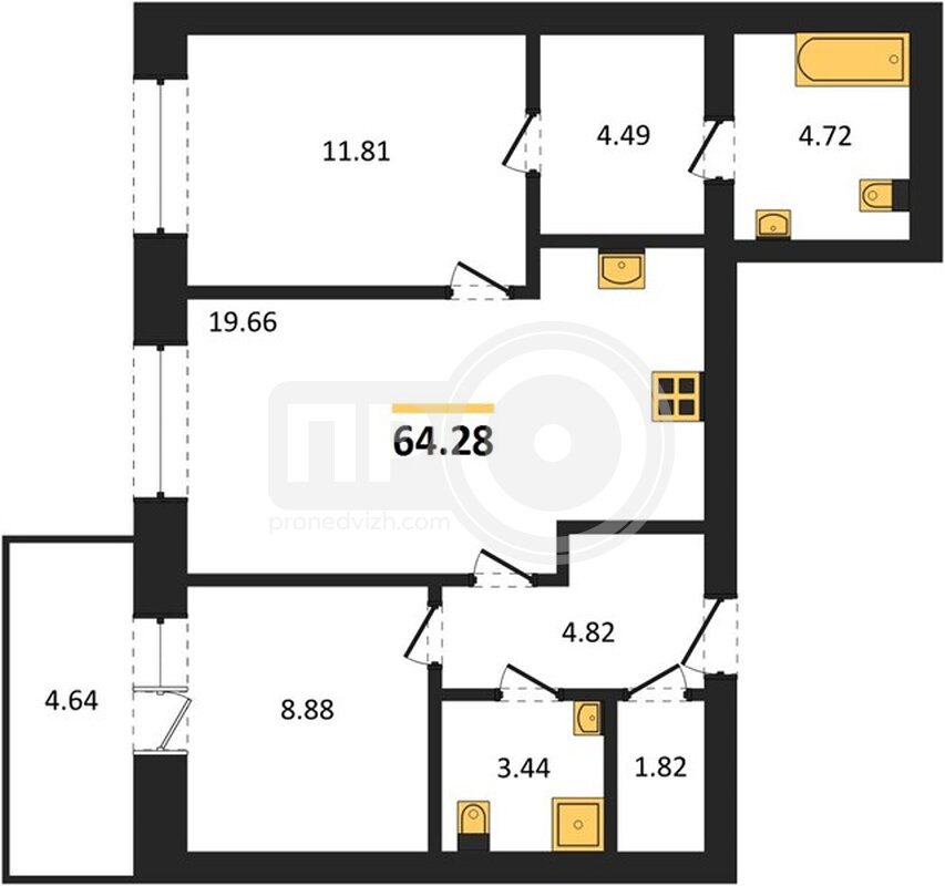 2-комнатная квартира, 64.28кв.м