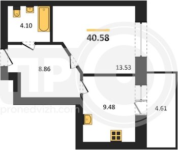 Миниатюра 1-комнатная квартира, 40.58кв.м