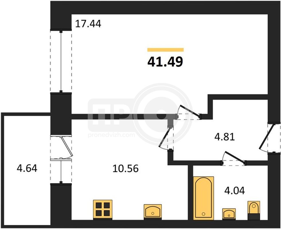 1-комнатная квартира, 41.49кв.м
