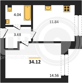 Миниатюра 1-комнатная квартира, 34.12кв.м