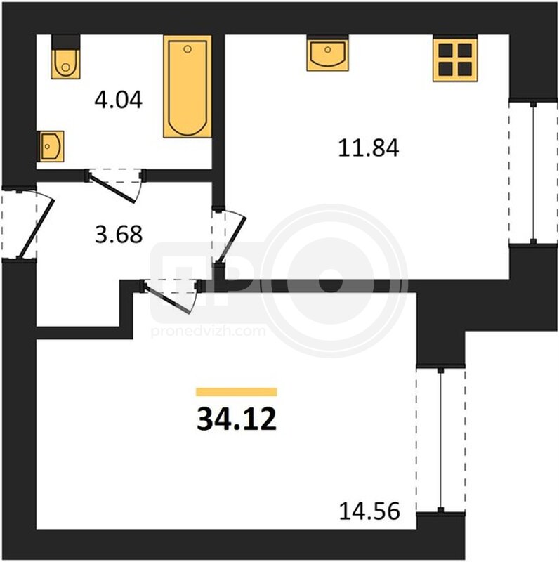 1-комнатная квартира, 34.12кв.м