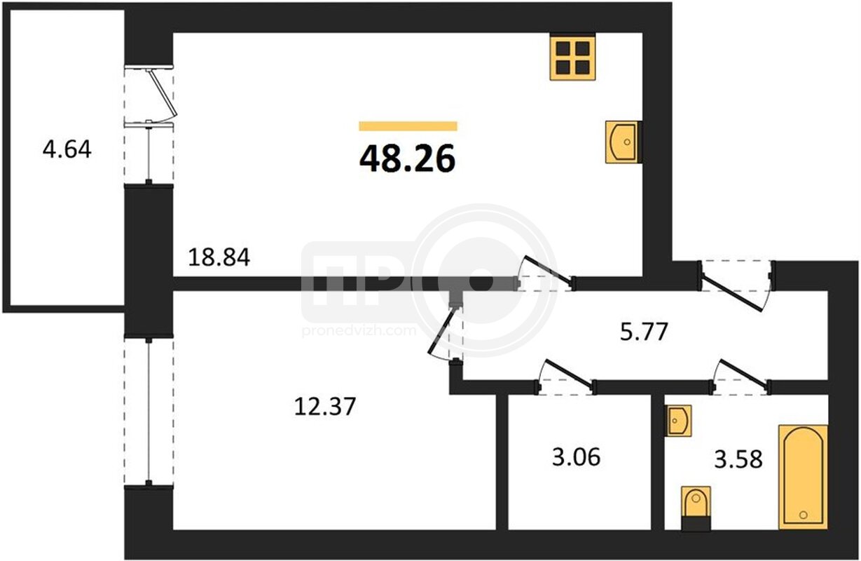 1-комнатная квартира, 48.26кв.м