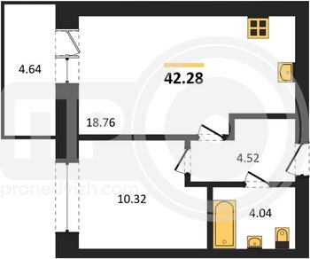 Миниатюра 1-комнатная квартира, 42.28кв.м