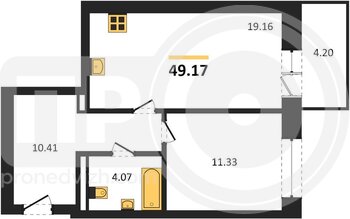 Миниатюра 1-комнатная квартира, 49.17кв.м