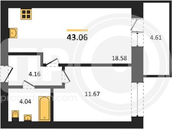 Миниатюра 1-комнатная квартира, 43.06кв.м