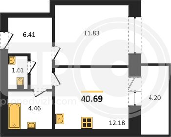 Миниатюра 1-комнатная квартира, 40.69кв.м