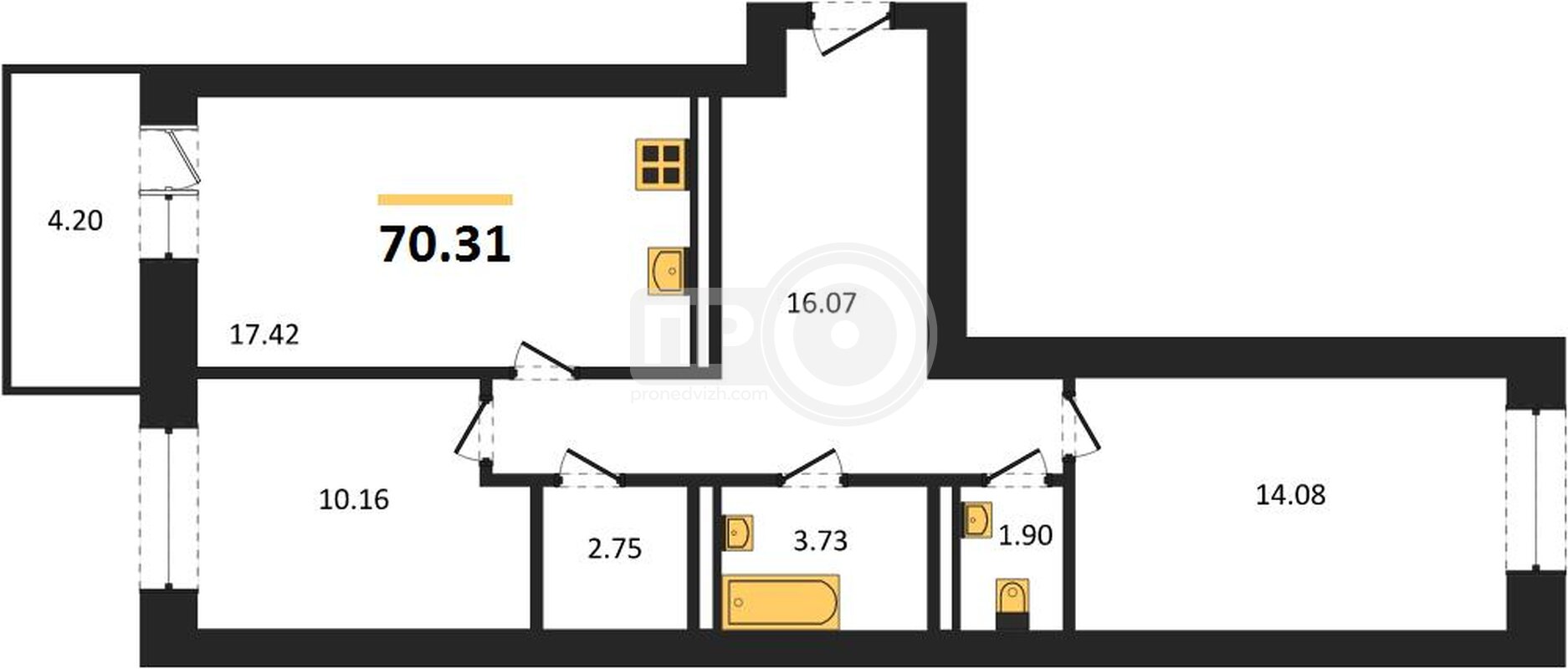 2-комнатная квартира, 70.31кв.м