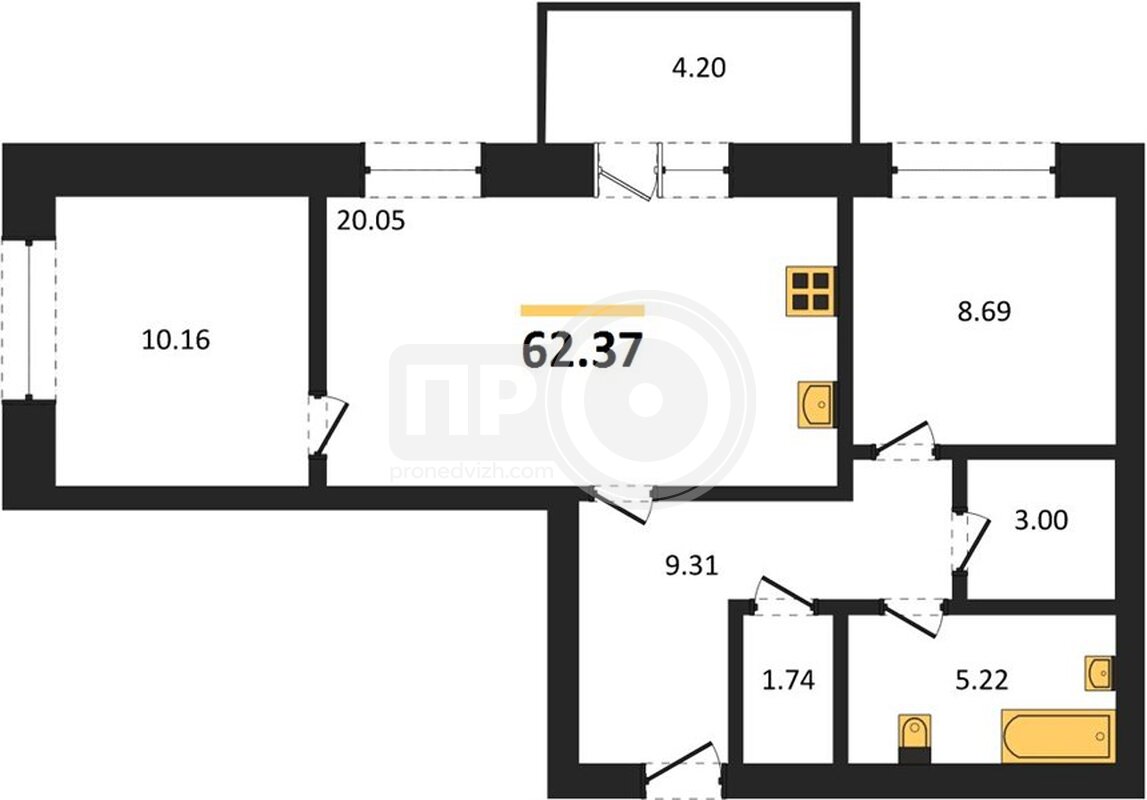 2-комнатная квартира, 62.37кв.м