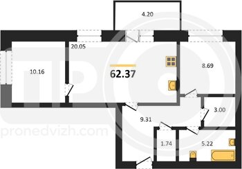 Миниатюра 2-комнатная квартира, 62.37кв.м