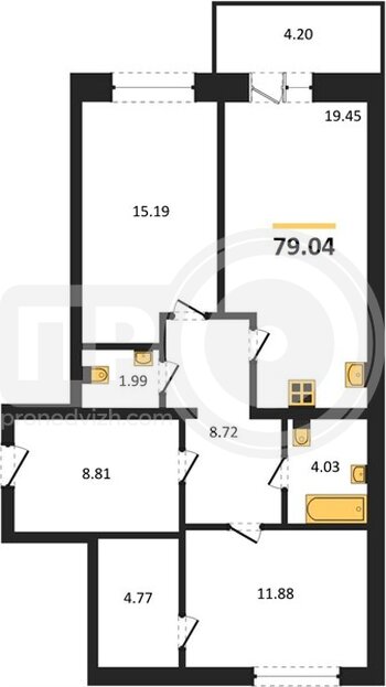 Миниатюра 2-комнатная квартира, 79.04кв.м
