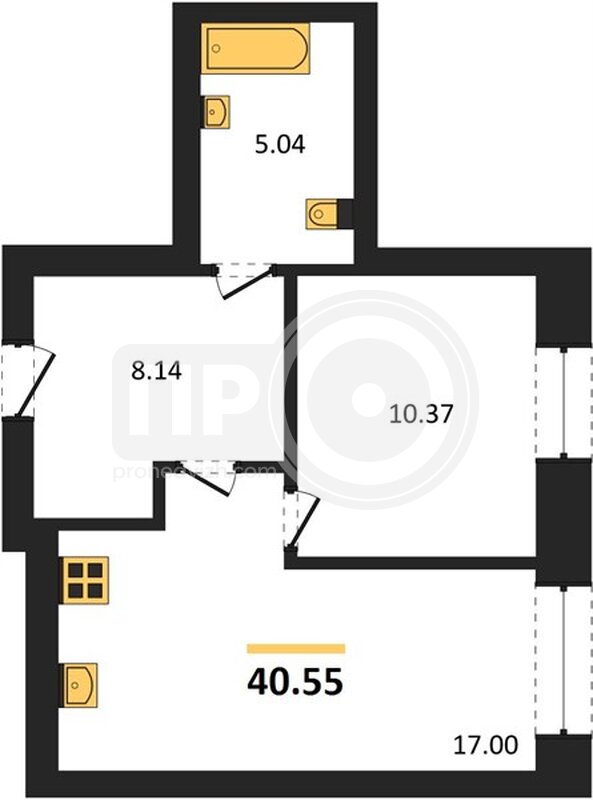 1-комнатная квартира, 40.55кв.м
