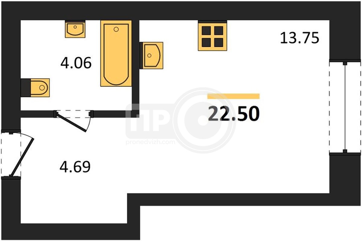 квартира-студия, 22,5кв.м.