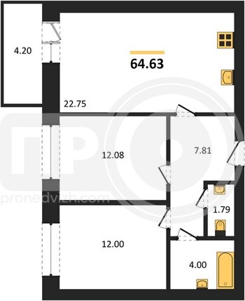 Миниатюра 2-комнатная квартира, 64.63кв.м