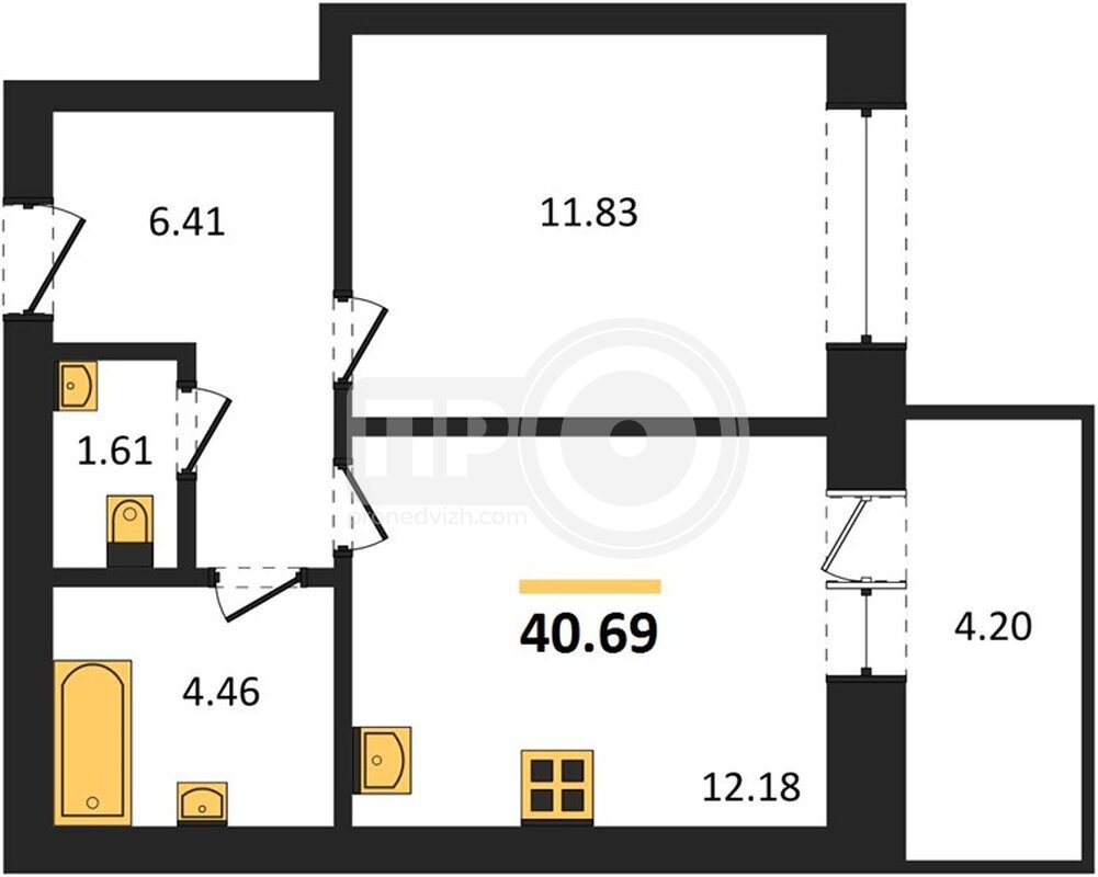1-комнатная квартира, 40.69кв.м