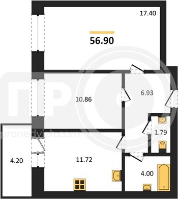 Миниатюра 2-комнатная квартира, 56.9кв.м