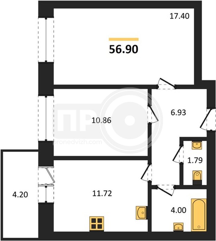 2-комнатная квартира, 56.9кв.м