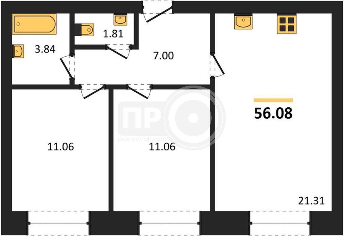 2-комнатная квартира, 56.08кв.м