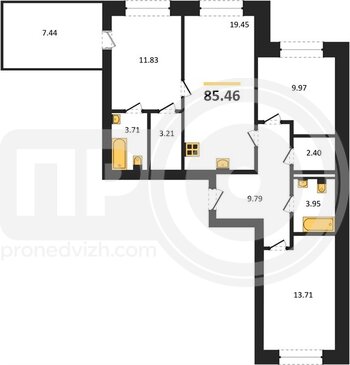 Миниатюра 3-комнатная квартира, 85.46кв.м