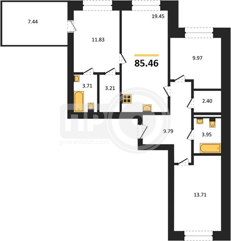 3-комнатная квартира, 85.46кв.м