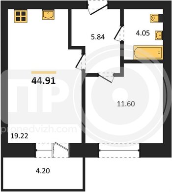 Миниатюра 1-комнатная квартира, 44.91кв.м
