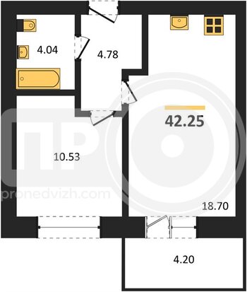 Миниатюра 1-комнатная квартира, 42.25кв.м
