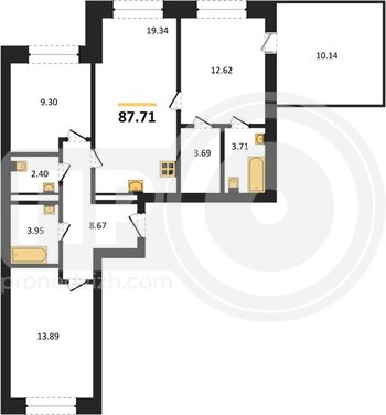 Миниатюра 3-комнатная квартира, 87.71кв.м