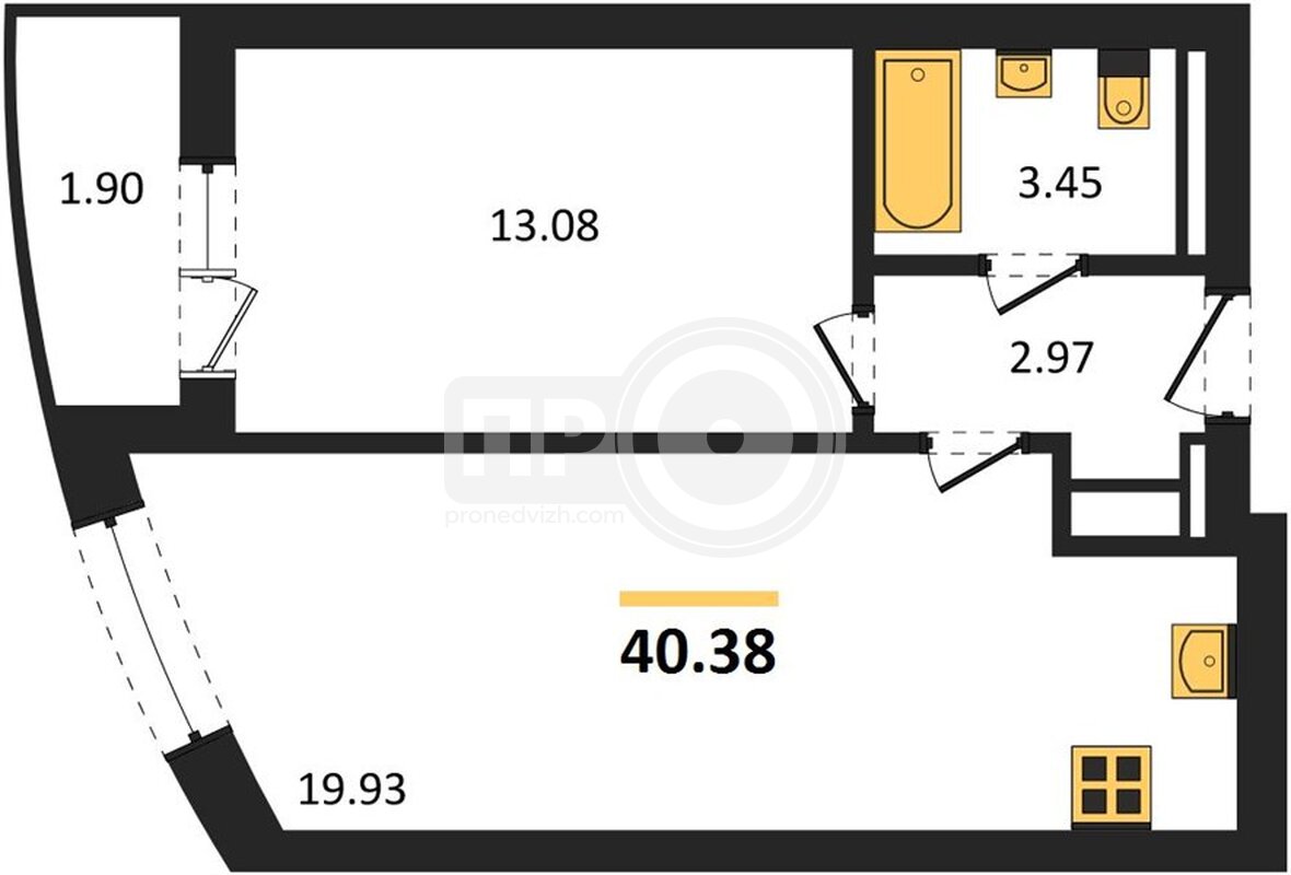 1-комнатная квартира, 40.38кв.м