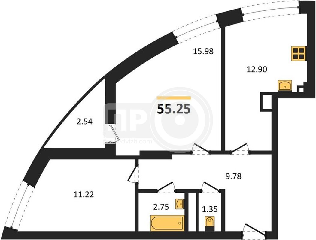 2-комнатная квартира, 55.25кв.м