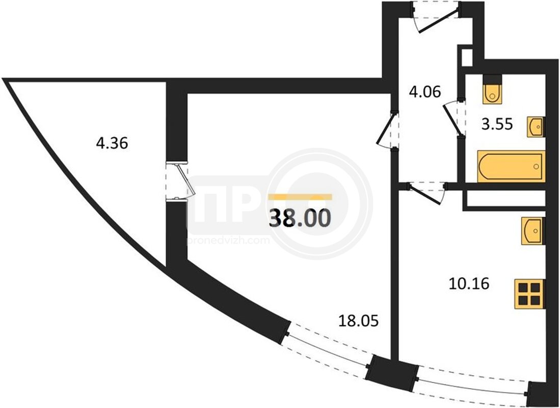 1-комнатная квартира, 38кв.м