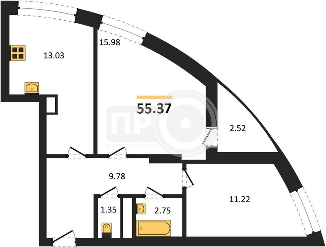 2-комнатная квартира, 55.37кв.м