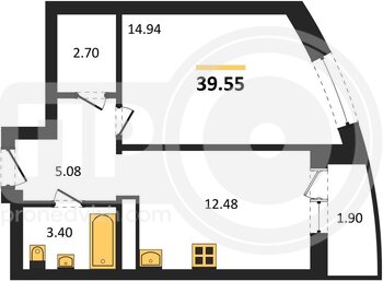 Миниатюра 1-комнатная квартира, 39.55кв.м