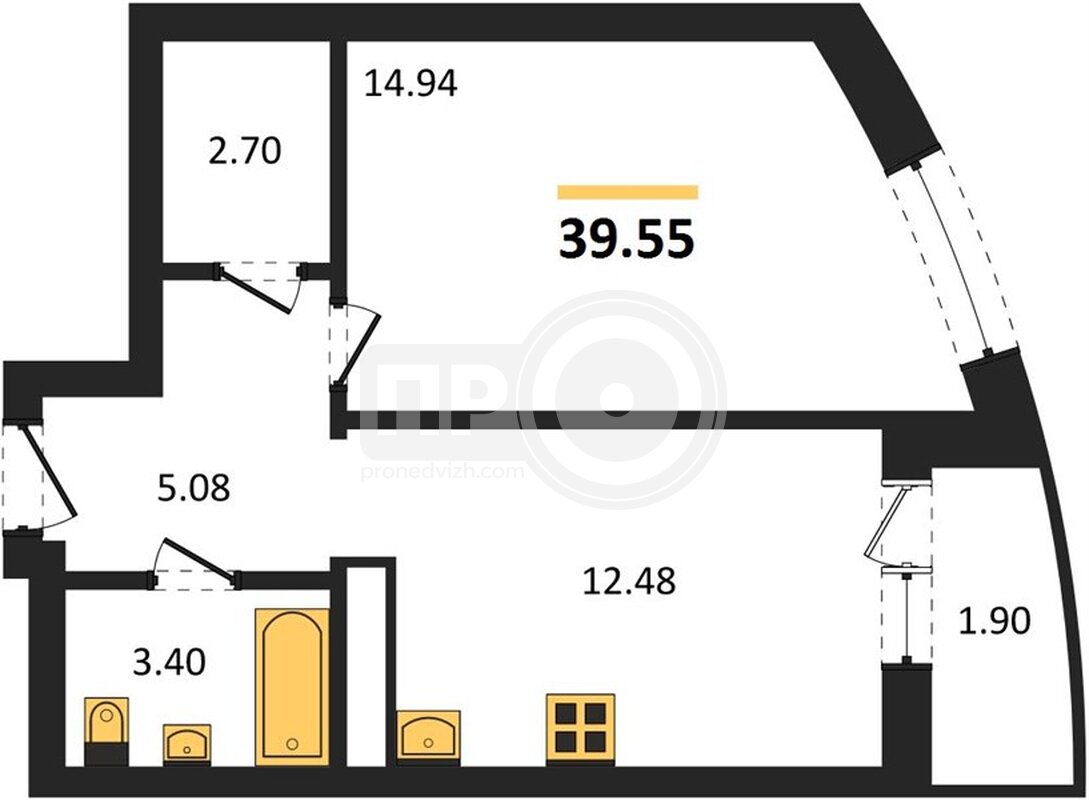 1-комнатная квартира, 39.55кв.м