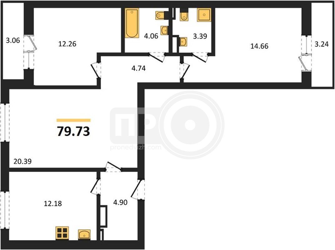 3-комнатная квартира, 79.73кв.м