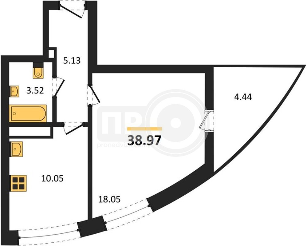 1-комнатная квартира, 38.97кв.м