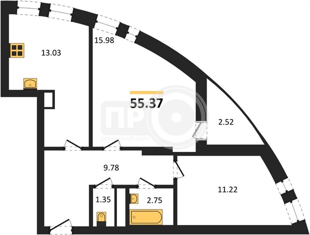 2-комнатная квартира, 55.37кв.м