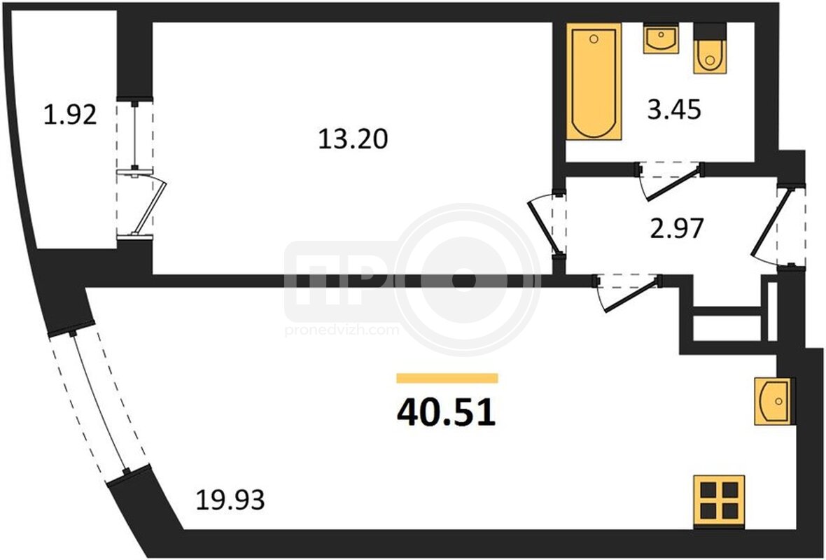 1-комнатная квартира, 40.51кв.м