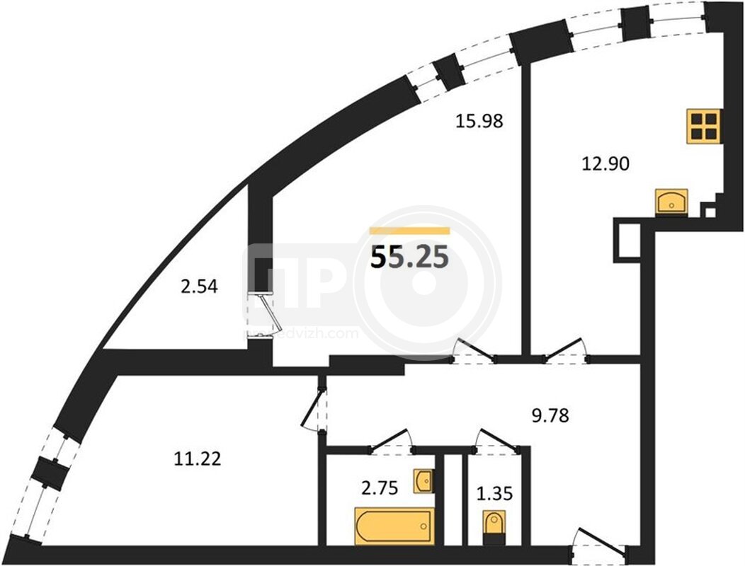 2-комнатная квартира, 55.25кв.м