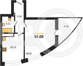 Миниатюра 1-комнатная квартира, 39.09кв.м
