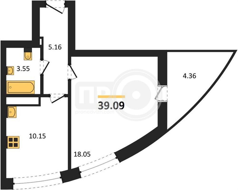 1-комнатная квартира, 39.09кв.м