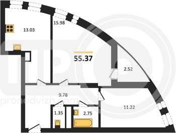 Миниатюра 2-комнатная квартира, 55.37кв.м